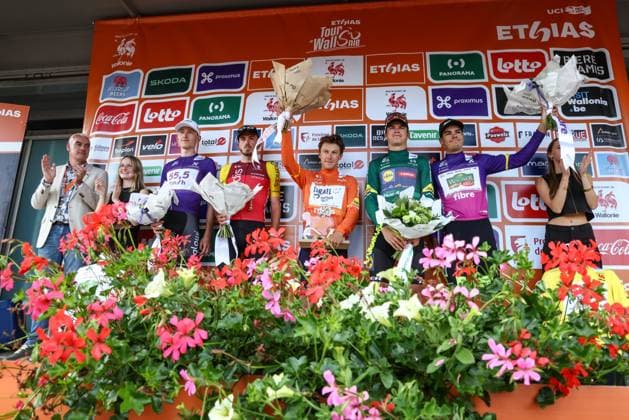 The final podium pictured after the fifth and final stage of the Tour De Wallonie cycling race, from and back of Bertrix (183,3 km), on Wednesday 30 July 2025. BRUNOxFAHY  x130304162x