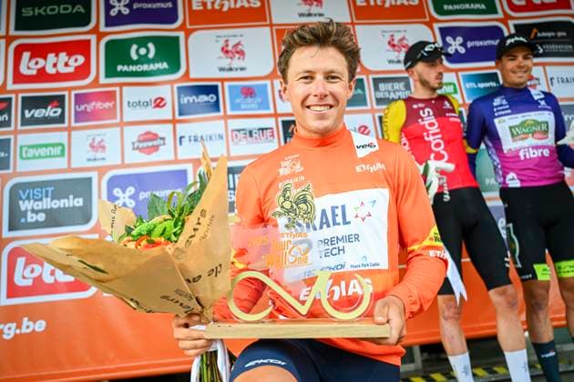 Tour de Wallonie 2025 Stage 5 BERTRIX, BELGIUM - JULY 30 : Strong Corbin (USA) of Israel - Premier Tech on the podium during stage 5 of the 30th edition of Tour de Wallonie an UCI ProSeries 2.Pro cycling road race stage for Men Elite of 183.2 km with start in Bertrix and finish in Bertrix on July 30, 2025 in Bertrix, Belgium, 30 07 2025 ( Motordriver Louis Bidlot - Bertrix Belgium  Copyright: xTomasxSiskx