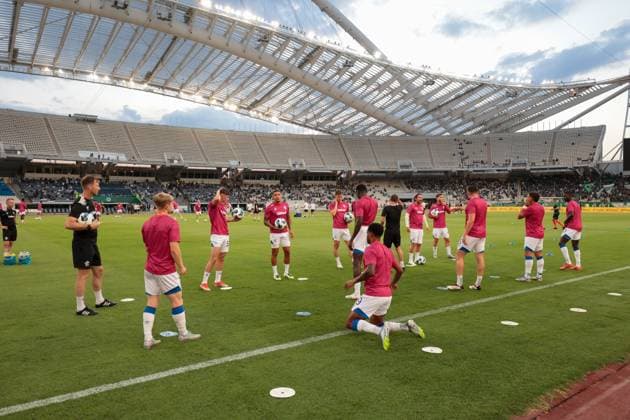 Panathinaikos F.C. v Rangers UEFA Champions League Rangers players warm up during the UEFA Champions League Second Qualifying Round Second Leg match at the Olympic Stadium (Greece), Marousi UK Newspapers OUT Copyright: xYannisxHalasx FIL-22021-0016