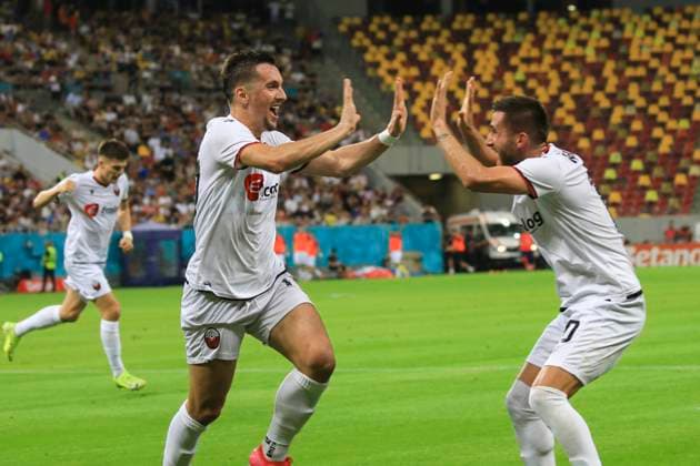July 30, 2025,UEFA CHAMPIONS LEAGUE, Second qualifying round 2nd leg, FCSV (ROU) vs Shkendija (MKD), Bucharest, National Arena Stadium 77 Liridon Latifi celebrates with team mates his first goal of the game