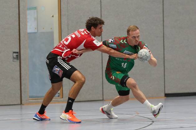 30 07 2025, xgox, handball test match SC Magdeburg Fredericia Handboldklub emspor, v l Mad Kjeldgaard Fredericia, 15 , Omar Ingi Magnusson Magdeburg, 14 duel, duel, fight, tackle Ilsenburg