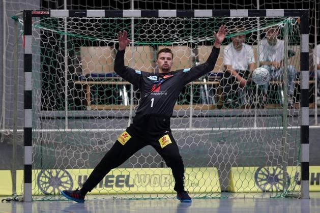 30 07 2025, xtgx, handball, test match, SC Magdeburg Fredericia Handboldklub v l Sergey Hernandez Ferrer Magdeburg, 1 parade, holds the ball, catches the ball, parries Ilsenburg