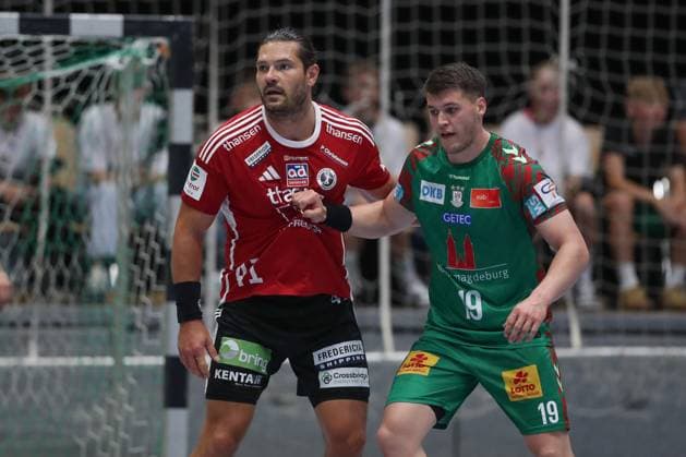 30 07 2025, xtgx, handball, test match, SC Magdeburg Fredericia Handboldklub v l Evgeni Pevnov Fredericia, 41 , Elvar Orn Jonsson Magdeburg, 19 duel, duel, fight, tackle Ilsenburg