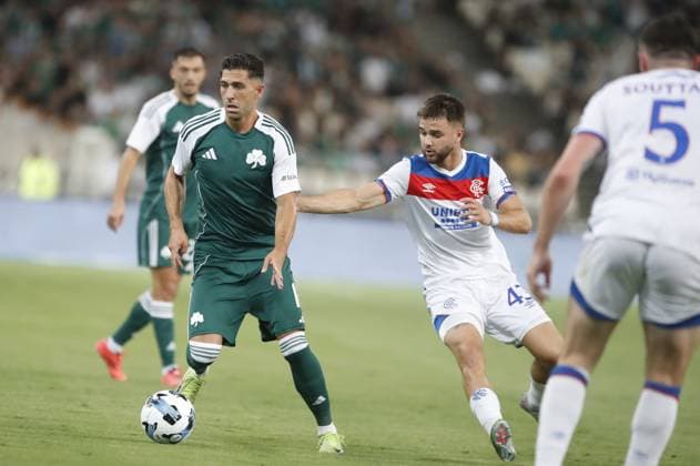 Tasos Bakasetas of Panathinaikos in action against Nicolas Raskin of Rangers during the UEFA Champions League second qualifying round 2nd leg soccer match between Panathinaikos and Rangers held at Olympic Athletic Center of Athens in Athens, Greece, 30 July 2025. IMAGO ONE INCH PRODUCTIONS ATHENS Greece Copyright: xOnexInchxProductionsx 6622178