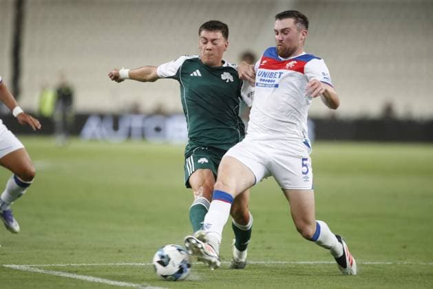 Facundo Pellistri of Panathinaikos in action against John Souttar of Rangers during the UEFA Champions League second qualifying round 2nd leg soccer match between Panathinaikos and Rangers held at Olympic Athletic Center of Athens in Athens, Greece, 30 July 2025. IMAGO ONE INCH PRODUCTIONS ATHENS Greece Copyright: xOnexInchxProductionsx 6622218