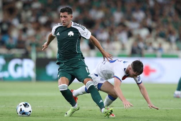 Tasos Bakasetas of Panathinaikos in action against Nicolas Raskin of Rangers during the UEFA Champions League second qualifying round 2nd leg soccer match between Panathinaikos and Rangers held at Olympic Athletic Center of Athens in Athens, Greece, 30 July 2025. IMAGO ONE INCH PRODUCTIONS ATHENS Greece Copyright: xOnexInchxProductionsx 6622240