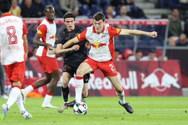 SOCCER - UEFA CL, RBS vs Brann SALZBURG,AUSTRIA,30.JUL.25 - SOCCER - UEFA Champions League, qualification, Red Bull Salzburg vs SK Brann Bergen. Image shows Ulrik Mathisen (Brann) and Jacob Rasmussen (RBS).  GEPAxpictures xMathiasxMandl