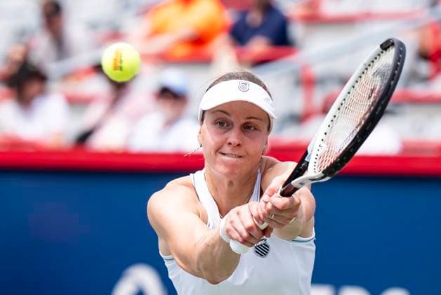 July 30, 2025, Montreal, Pq, CANADA: Liudmila Samsonova of Russia returns the ball during second round tennis action against Naomi Osaka of Japan at the National Bank Open tennis tournament in Montreal on Wednesday, July 30, 2025. Canada News - July 30, 2025  - ZUMAc35_ 20250730_zaf_c35_052 Copyright: xChristopherxKatsarovx