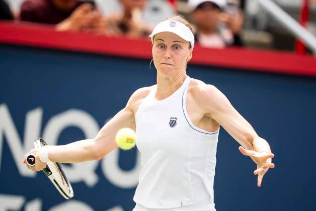 July 30, 2025, Montreal, Pq, CANADA: Liudmila Samsonova of Russia returns the ball during second round tennis action against Naomi Osaka of Japan at the National Bank Open tennis tournament in Montreal on Wednesday, July 30, 2025. Canada News - July 30, 2025  - ZUMAc35_ 20250730_zaf_c35_063 Copyright: xChristopherxKatsarovx