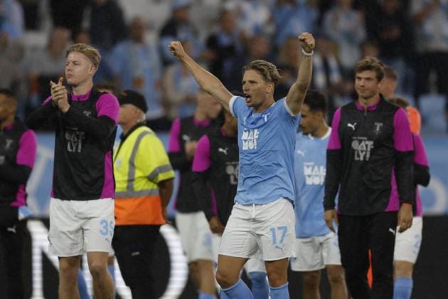 MALMÖ, SWEDEN 20250730 Malmös Jens Stryger celebrates after the 1-0 victory in Wednesdays Champions League second qualifying round soccer match between Swedens Malmö FF and Latvias RFS at Eleda Stadion, New Malmö Stadium, in Malmö, Sweden, July 30, 2025 MALMÖ SWEDEN x10600x  Copyright: xAndreasxHillergren TTx CHAMPIONS LEAGUE KVAL MALMÖ FF-RFS
