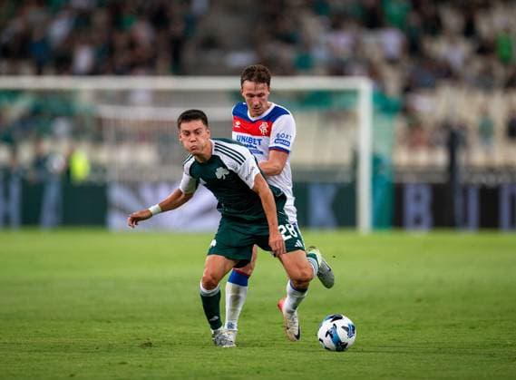 30th July 2025; Spiros Louis Olympic Stadium, Athens, Greece; UEFA Champions League Second Qualifying Round Second Leg Football, Panathinaikos versus Rangers; Kieran Dowell of Rangers tackles and fouls Facundo Pellistri of Panathinaikos  VagelisxGeorgariou