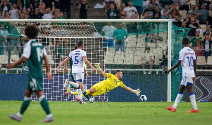 30th July 2025; Spiros Louis Olympic Stadium, Athens, Greece; UEFA Champions League Second Qualifying Round Second Leg Football, Panathinaikos versus Rangers; Filip Duricic of Panathinaikos shoots and scores past Jack Butland of Rangers in the 55th minute to make it 1-0  VagelisxGeorgariou