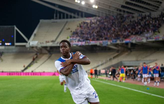 30th July 2025; Spiros Louis Olympic Stadium, Athens, Greece; UEFA Champions League Second Qualifying Round Second Leg Football, Panathinaikos versus Rangers; Djeidi Gassama of Rangers celebrates after he shoots and scores to make it 1-1  VagelisxGeorgariou