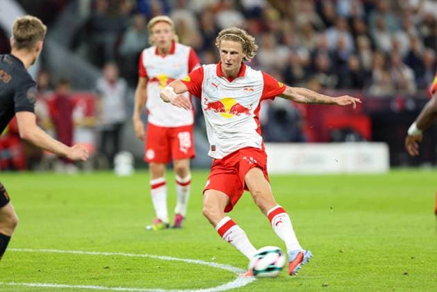 SOCCER - UEFA CL, RBS vs Brann SALZBURG,AUSTRIA,30.JUL.25 - SOCCER - UEFA Champions League, qualification, Red Bull Salzburg vs SK Brann Bergen. Image shows Maurits Kjaergaard (RBS).  GEPAxpictures xMathiasxMandl