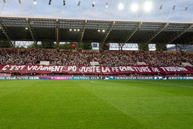 Geneva, Switzerland, July 30 2025 : Supporters of Servette FC with flags banner during the UEFA Champions League Second Qualifying Round match between Servette FC and Viktoria Plzen at Stade de Geneve in Geneva, Switzerland (Giuseppe Velletri SPP) Copyright: xGiuseppexVelletrix xSPPx spp-en-GiVeSp-DZ8_0012