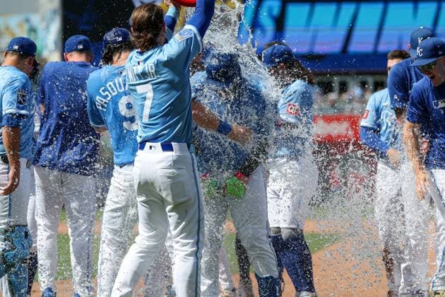 July 30, 2025: Kansas City Royals shortstop Bobby Witt Jr. (7) douses designated hitter Salvador Perez (13) with water celebrating their walk off win over the Atlanta Braves during the tenth inning at Kauffman Stadium in Kansas City, MO. CSM Kansas City United States of America - ZUMAc04_ 20250730_zma_c04_062 Copyright: xDavidxSmithx
