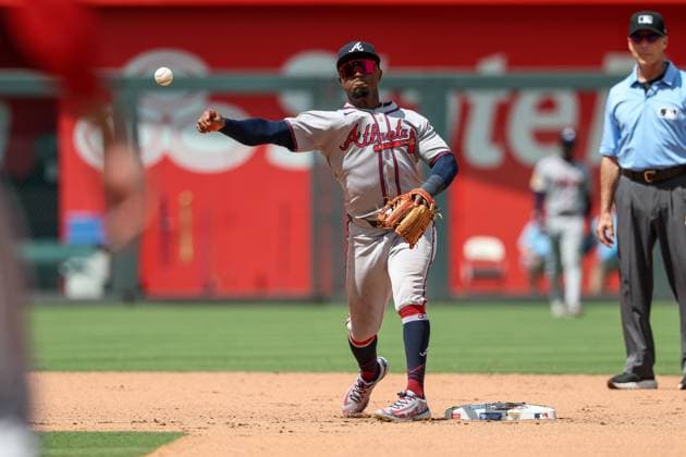 July 30, 2025: Atlanta Braves second baseman Ozzie Albies (1) throws to first to complete a double play on Kansas City Royals first baseman Vinnie Pasquantino (9) and designated hitter Salvador Perez (13) during the seventh inning at Kauffman Stadium in Kansas City, MO. CSM Kansas City United States of America - ZUMAc04_ 20250730_zma_c04_069 Copyright: xDavidxSmithx