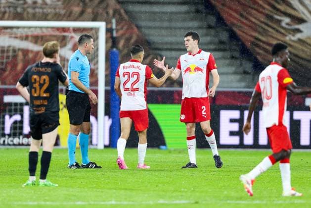 SOCCER - UEFA CL, RBS vs Brann SALZBURG,AUSTRIA,30.JUL.25 - SOCCER - UEFA Champions League, qualification, Red Bull Salzburg vs SK Brann Bergen. Image shows Stefan Lainer and Jacob Rasmussen (RBS).  GEPAxpictures xMathiasxMandl