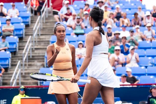 July 30, 2025, Montreal, Pq, CANADA: Leylah Fernandez and Bianca Fernandez, of Canada, celebrate during a doubles tennis match against Sara Errani and Jasmine Paolini, of Italy, at the National Bank Open tennis tournament in Montreal on Wednesday, July 30, 2025. Canada News - July 30, 2025  - ZUMAc35_ 20250730_zaf_c35_089 Copyright: xChristopherxKatsarovx