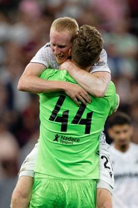 Geneva, Switzerland, July 30 2025 : Florian Wiegele (44 Viktoria Plzen) and Vaclav Jemelka (21 Viktoria Plzen)celebrate after winning during the UEFA Champions League Second Qualifying Round match between Servette FC and Viktoria Plzen at Stade de Geneve in Geneva, Switzerland (Giuseppe Velletri SPP) Copyright: xGiuseppexVelletrix xSPPx spp-en-GiVeSp-DZ9_9874