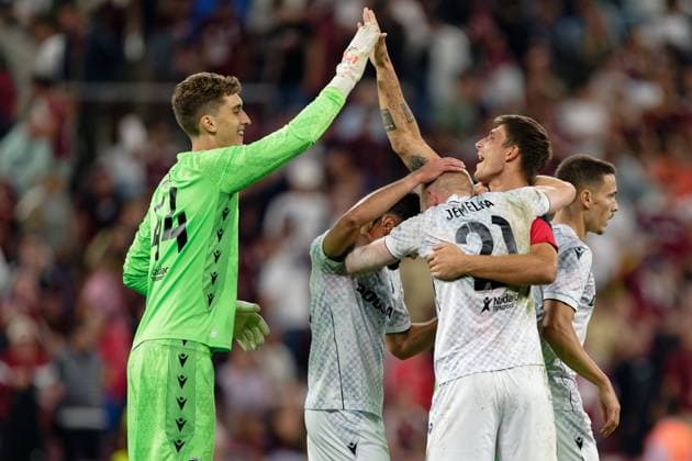 Geneva, Switzerland, July 30 2025 : Florian Wiegele (44 Viktoria Plzen), Vaclav Jemelka (21 Viktoria Plzen) and Matej Vydra (11 Viktoria Plzen) celebrate after winning during the UEFA Champions League Second Qualifying Round match between Servette FC and Viktoria Plzen at Stade de Geneve in Geneva, Switzerland (Giuseppe Velletri SPP) Copyright: xGiuseppexVelletrix xSPPx spp-en-GiVeSp-DZ9_9889