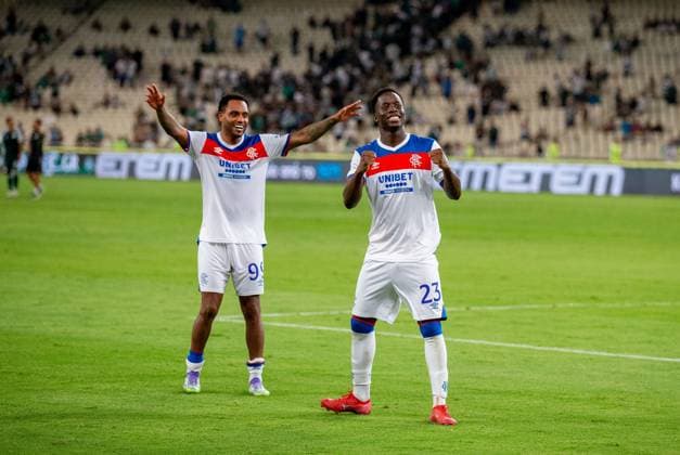 30th July 2025; Spiros Louis Olympic Stadium, Athens, Greece; UEFA Champions League Second Qualifying Round Second Leg Football, Panathinaikos versus Rangers; Danilo of Rangers and Djeidi Gassama of Rangers celebrate after the final whistle and the draw and aggregate win  VagelisxGeorgariou