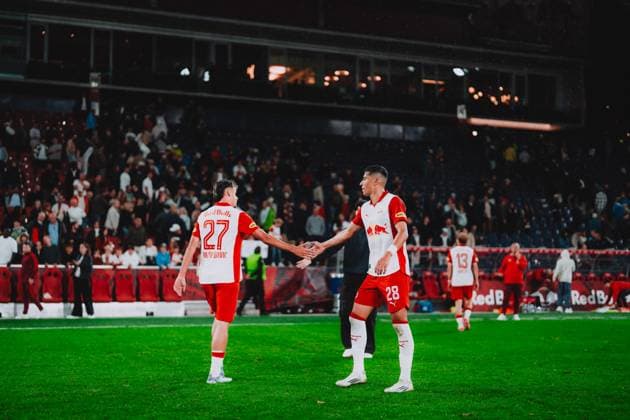 UEFA Champions League 2nd Qualifiying round : FC Red Bull Salzburg vs SK Brann SALZBURG, AUSTRIA - JULY 30: Kerim Alajbegovic and Adam Daghim of FC Red Bull Salzburg after the UEFA Champions League 2nd qualifying round second leg match FC Red Bull Salzburg vs SK Brann on July 30, 2025 in Salzburg, Austria. Photo by Fabian Weirather - FC Red Bull Salzburg Copyright: xFabianxWeiratherx-xFCxRedxBullxSalzburgx FW_09678
