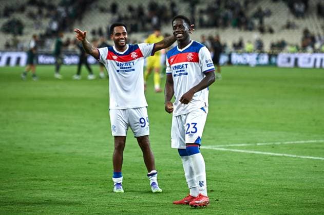 July 30, 2025, Athens, Athens, Greece: 99 DANILO with 23 DJEIDI GASSAMA of Rangers celebrating the victory during the Champions League, second qualifying round, 2nd leg match between Panathinaikos and Rangers at OAKA Stadium on July 30, 2025, in Athens, Greece. Athens Greece - ZUMAk160 20250730_zip_k160_009 Copyright: xStefanosxKyriazisx