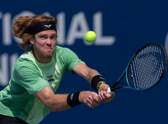 (250731) -- TORONTO, July 31, 2025 -- Andrey Rublev of Russia hits a return during the men s singles second round match between Andrey Rublev of Russia and Hugo Gaston of France at the 2025 National Bank Open tennis tournament in Toronto, Canada, on July 30, 2025. (Photo by Xinhua) (SP)CANADA-TORONTO-TENNIS-NATIONAL BANK OPEN-MEN S SINGLES ZouxZheng 
