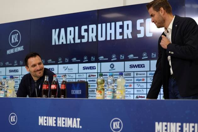 31 07 2025, xrekx, Soccer 2 Bundesliga, Karlsruher SC Press Conference v l Mario Eggimann Managing Director Sports Karlsruher SC Michael Becker Managing Director Karlsruher SC DFL DFB REGULATIONS PROHIBIT ANY USE OF PHOTOGRAPHS as IMAGE SEQUENCES and or QUASI VIDEO Karlsruhe