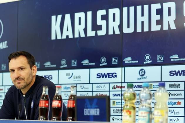 31 07 2025, xrekx, Soccer 2 Bundesliga, Karlsruher SC Press Conference v l Mario Eggimann Managing Director Sport Karlsruher SC DFL DFB REGULATIONS PROHIBIT ANY USE OF PHOTOGRAPHS as IMAGE SEQUENCES and or QUASI VIDEO Karlsruhe