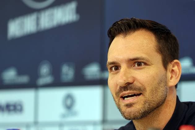 31 07 2025, xrekx, Soccer 2 Bundesliga, Karlsruher SC Press Conference v l Mario Eggimann Managing Director Sport Karlsruher SC DFL DFB REGULATIONS PROHIBIT ANY USE OF PHOTOGRAPHS as IMAGE SEQUENCES and or QUASI VIDEO Karlsruhe