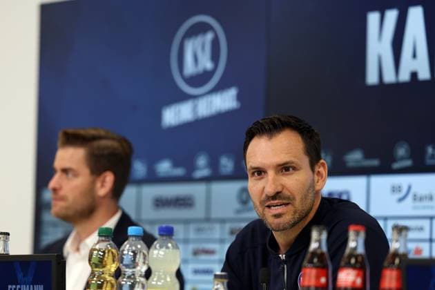 31 07 2025, xrekx, Soccer 2 Bundesliga, Karlsruher SC Press Conference v l Michael Becker Managing Director Karlsruher SC Mario Eggimann Managing Director Sport Karlsruher SC DFL DFB REGULATIONS PROHIBIT ANY USE OF PHOTOGRAPHS as IMAGE SEQUENCES and or QUASI VIDEO Karlsruhe