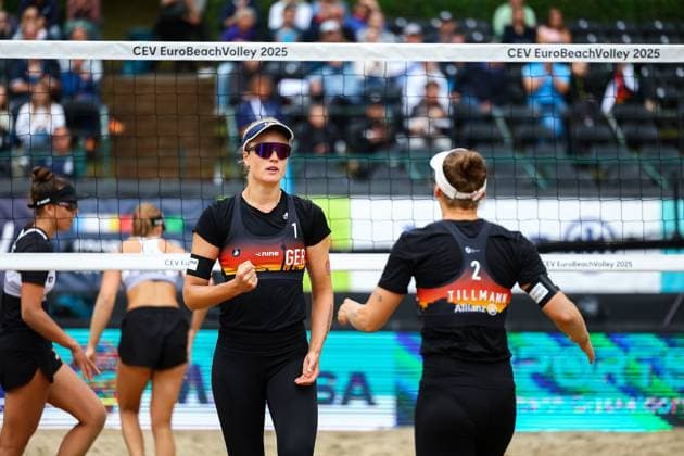Beach volleyball I European Championship 2025 I Group stage I 31 07 2025 Clenched fist Svenja Müller Germany with Cinja Tillmann Germany Düsseldorf Rochusclub Düsseldorfer Tennisclub e V Germany Copyright: xLobeca JasperxLorenzx