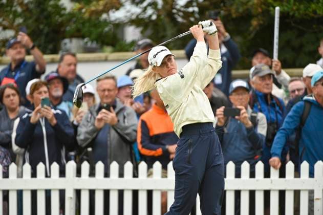 31st July 2025; Royal Porthcawl Golf Club, Porthcawl, Wales; AIG Womens Open Golf, Round 1; Charley Hull after striking the ball on the first tee  AledxHopkins