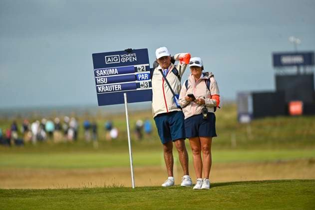 31st July 2025; Royal Porthcawl Golf Club, Porthcawl, Wales; AIG Womens Open Golf, Round 1; Group score board after the 14th hole  AledxHopkins