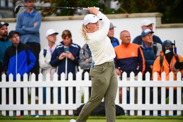 31st July 2025; Royal Porthcawl Golf Club, Porthcawl, Wales; AIG Womens Open Golf, Round 1; Maja Stark after hitting her first tee shot of the round  AledxHopkins