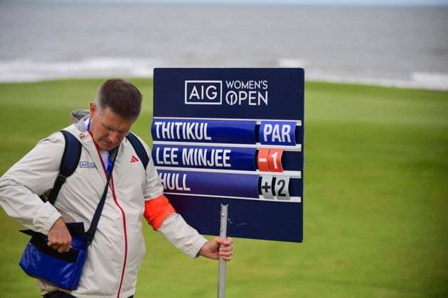 31st July 2025; Royal Porthcawl Golf Club, Porthcawl, Wales; AIG Womens Open Golf, Round 1; A group scoreboard being changed after the 2nd hole  AledxHopkins