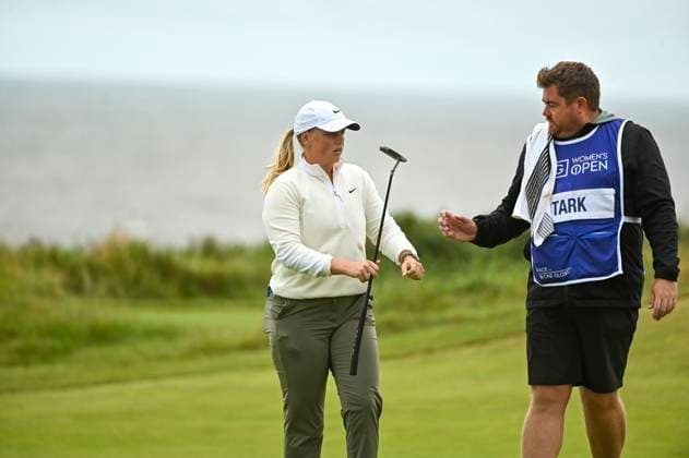 31st July 2025; Royal Porthcawl Golf Club, Porthcawl, Wales; AIG Womens Open Golf, Round 1; Maja Stark handing her putter to her caddy  AledxHopkins