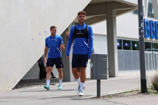 31 07 2025, xrekx, Soccer 2 Bundesliga, Karlsruher SC Training v l Christoph Kobald Karlsruher SC Fabian Schleusener Karlsruher SC DFL DFB REGULATIONS PROHIBIT ANY USE OF PHOTOGRAPHS as IMAGE SEQUENCES and or QUASI VIDEO Karlsruhe