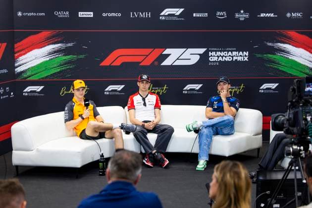 F1 - HUNGARIAN GRAND PRIX 2025 press conference, PK, Pressekonferenz PIASTRI Oscar (aus), McLaren F1 Team MCL39, OCON Esteban (fra), Haas F1 Team VF-25, GASLY Pierre (fra), Alpine F1 Team A525, portrait during the 2025 Formula 1 Lenovo Hungarian Grand Prix, 14th round of the 2025 FIA Formula One World Championship, WM, Weltmeisterschaft from August 1 to 3, 2025 on the Hungaroring, in Mogyorod, Hungary - MogyorodHungary Copyright: xJulienxDelfossex
