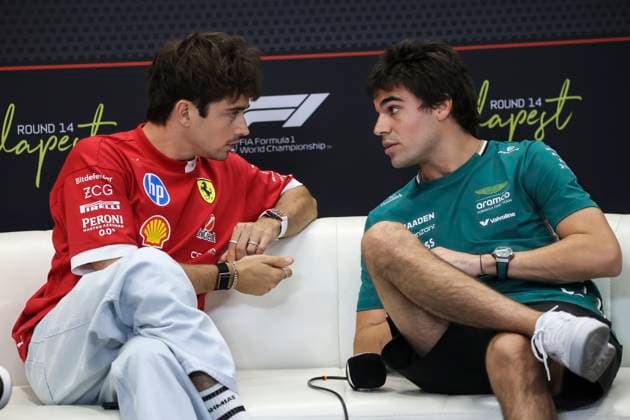 Charles Leclerc Lance Stroll F1 Hungarian GP 2025 Charles Leclerc (MCO) - Scuderia Ferrari HP - SF-25, Lance Stroll (CAN) - Aston Martin Aramco F1 Team - AMR25 during Formula 1 Lenovo Hungarian Grand Prix 2025 press conference, PK, Pressekonferenz on July 31., 2025 in Hungaroring, Hungary Mogyorod Red Bull Ring Pest Varmegye Hungary
