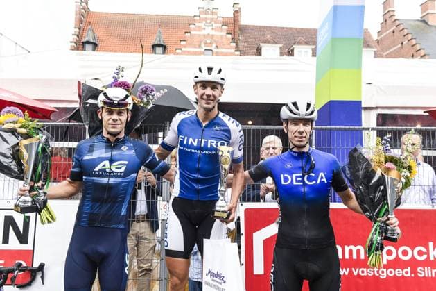 Bart Swings celebrates on the podium after winning at the Natourcriterium Herentals cycling race, Thursday 31 July 2025 in Herentals. The contest is a part of the traditional criteriums , local races in which mainly cyclists who rode the Tour de France compete. TOM GOYVAERTS TomxGoyvaerts  x130365274x