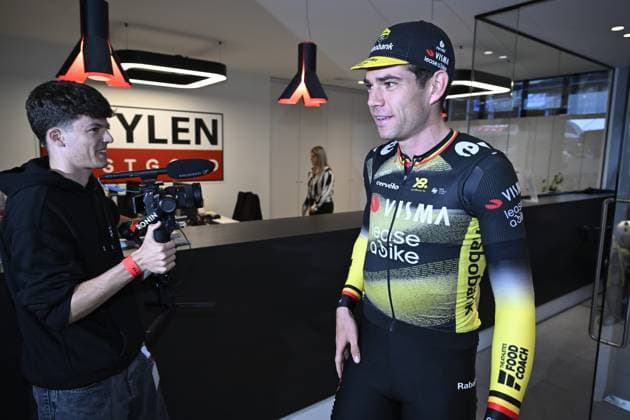 Belgian Wout van Aert of Team Visma-Lease a Bike and pictured talking to the press before the Natourcriterium Herentals cycling race, in Herentals. The contest is a part of the traditional criteriums , local races in which mainly cyclists who rode the Tour de France compete. TOM GOYVAERTS TomxGoyvaerts  x130370820x