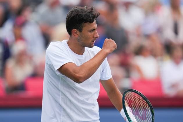 ATP, Tennis Herren Masters 1000 National Bank Open Toronto Presented by Rogers 2025 - Day 6 Emilio Nava of the United States celebrates a point against Karen Khachanov of Russia during the Men s Singles third round match on day 6 of the ATP Masters 1000 National Bank Open at Sobeys Stadium. on July 31, 2025 in Toronto, Canada. (Photo by Leonardo Ramirez Eyepix Group) Copyright: xLeonardoxRamirezx xEyepixxGroupx LR-31072025-03397