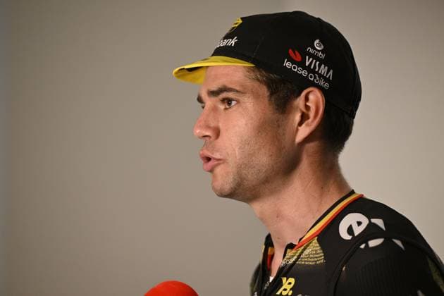 Belgian Wout van Aert of Team Visma-Lease a Bike and pictured talking to the press before the Natourcriterium Herentals cycling race, in Herentals. The contest is a part of the traditional criteriums , local races in which mainly cyclists who rode the Tour de France compete. TOM GOYVAERTS TomxGoyvaerts  x130372169x