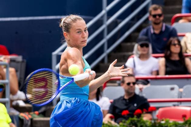 July 31, 2025, Montreal, Quebec, Canada: MARTA KOSTYUK (24) from Ukraine forehand in first set against Daria Kasatkina (15) from Australia in round of 32 at Canadian Open at IGA stadium in Montreal, Quebec, Canada on 2025-07-31 Montreal Canada - ZUMAl189 20250731_zsp_l189_013 Copyright: xYannickxLegarex