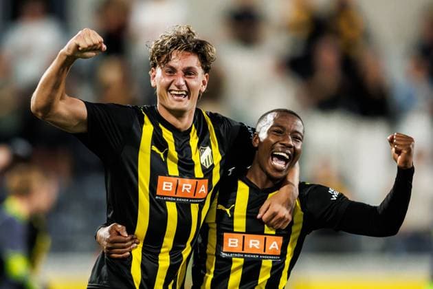 250731 Silas Andersen and Sanders Ngabo of Häcken celebrate after the UEFA Europa League second qualifying round match between Häcken and Anderlecht on July 31, 2025 in Gothenburg BELGIUM OUT Photo Michael Erichsen BILDBYRAN COP 89 MI0858 fotboll football soccer fotball uefa europa league kval europa league häcken anderlecht bbeng bbauto jubel  Copyright: MICHAELxERICHSEN BB250731MI078