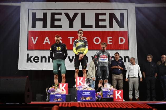 Italian Jonathan Milan of Lidl-Trek, Belgian Wout van Aert of Team Visma-Lease a Bike and Australian Kaden Groves of Alpecin-Deceuninck pictured on the podium after the Natourcriterium Herentals cycling race, Thursday 31 July 2025 in Herentals. The contest is a part of the traditional criteriums , local races in which mainly cyclists who rode the Tour de France compete. TOM GOYVAERTS TomxGoyvaerts  x130385236x