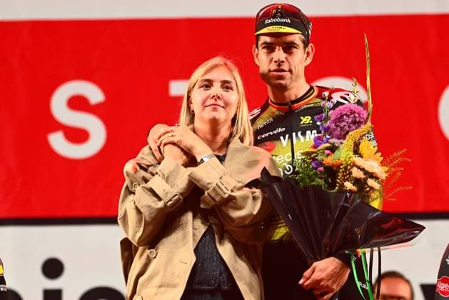 Cycling Criterium Herentals HERENTALS, BELGIUM - JULY 31 : Van Aert Wout (BEL) of Team Visma - Lease a Bike and his wife De Bie Sarah (BEL) on the podium during Herentals Fietst an after Tour Criterium in Herentals. On July 31, 2025 in Herentals, Belgium, 31 07 2025 Herentals Belgium  Copyright: xGvgx